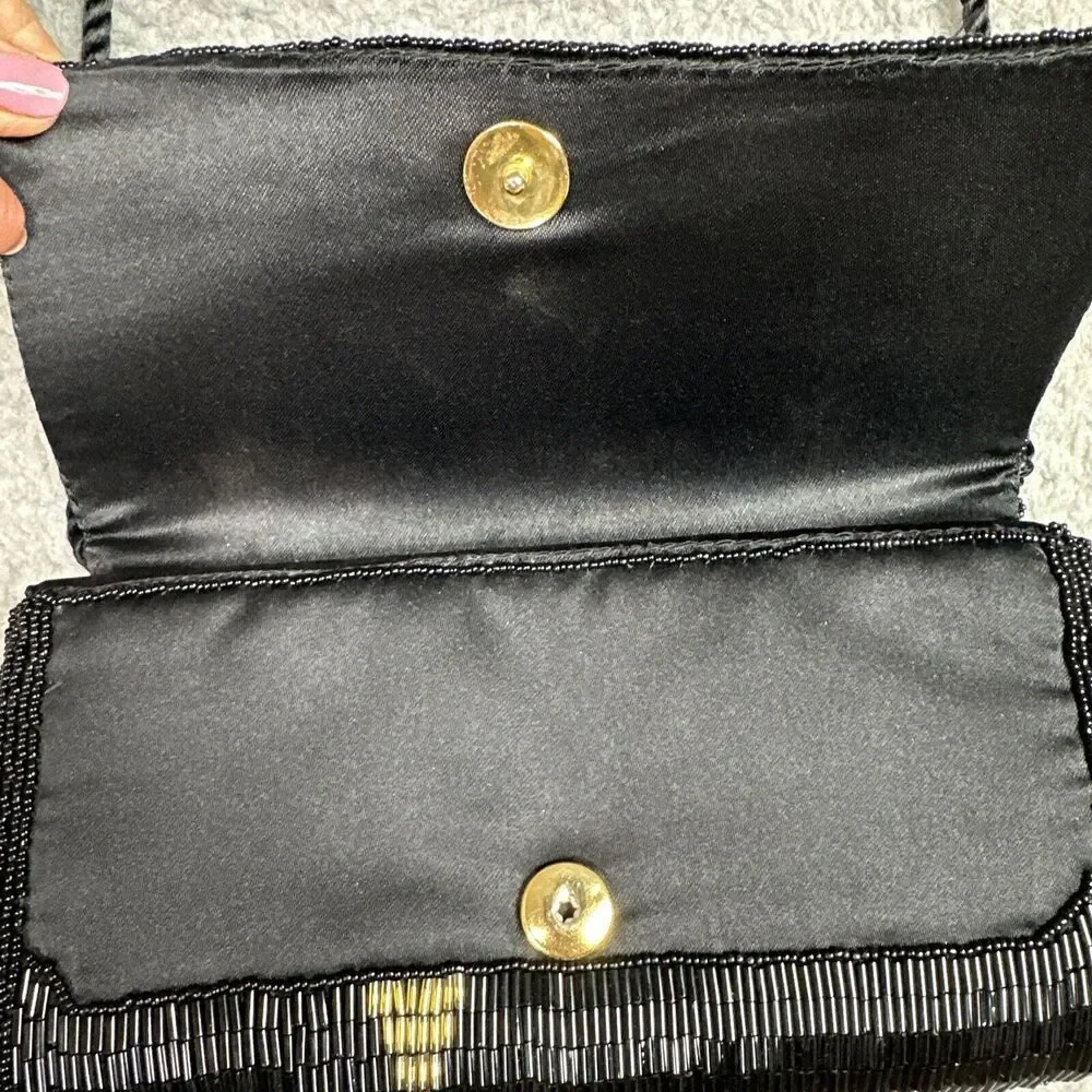 DLS International Purse Clutch Shoulder Strap Beaded Sequins Black Gold Silver‎